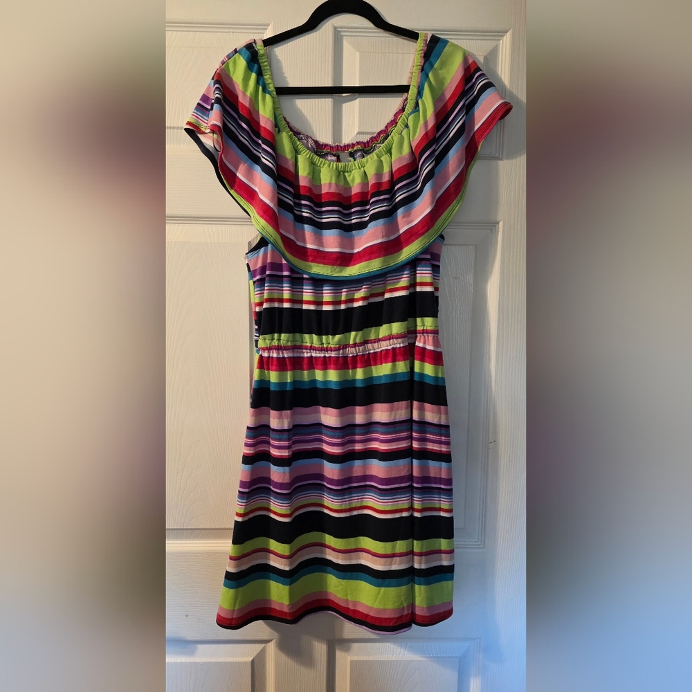 Kim Rogers Multicolor Striped Off-Shoulder Top with Neon Green Trim